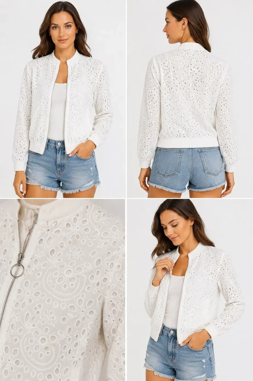 KENDALL + KYLIE White Broderie Anglaise Eyelet Bomber Jacket Size XS NWT